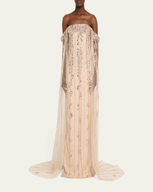 Pamella Roland White Crystal Tulle Strapless Gown With Detachable Cape