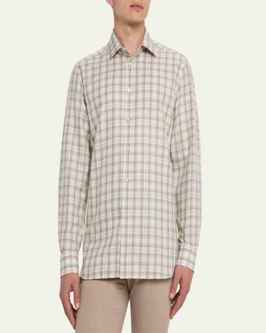 Kiton White Linen-Blend Plaid Sport Shirt for men