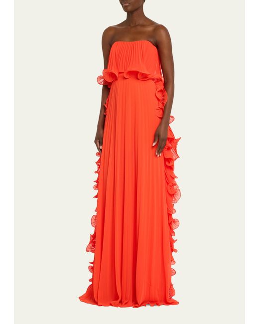 Badgley Mischka Red Strapless Pleated Ruffle Gown