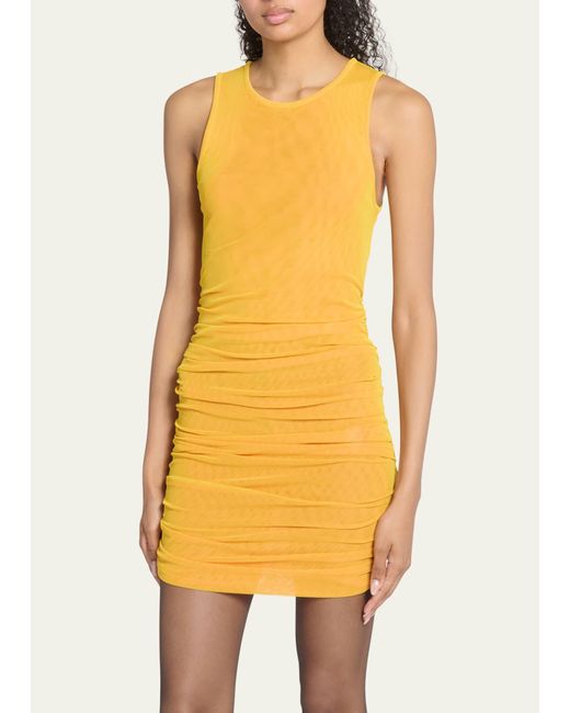 Saint Laurent Yellow Ruched Tulle Sleeveless Mini Dress