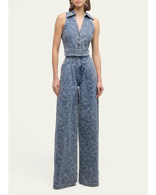 Ramy Brook Blue Adley High-rise Wide-leg Floral-embroidered Jeans