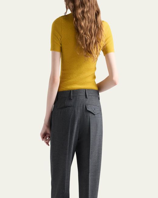 Prada Yellow Chain Embroidered Wool Knit Short-Sleeve Sweater