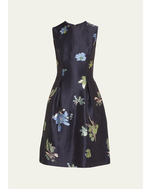 Lela Rose Blue Betsy Metallic Floral Gingham Jacquard Sleeveless Dress