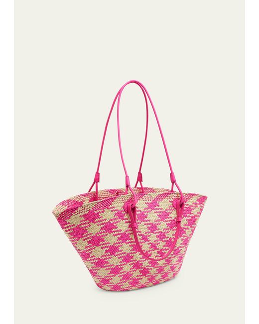 Loewe Pink X Paula's Ibiza Medium Anagram Basket Tote Bag In Checkered Iraca Palm With Leather Handles