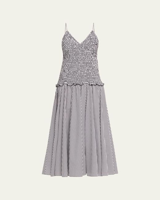 Brandon Maxwell Gray Josie Smocked Drop-Waist Maxi Dress