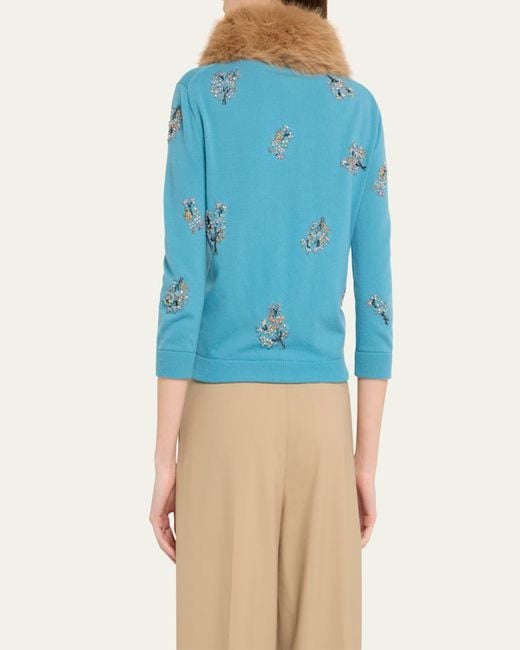 Valentino Garavani Blue Floral Crystal Wool Faux Fur Trimmed Cardigan