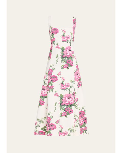 Carolina Herrera Pink Floral-print Square-neck Midi Dress
