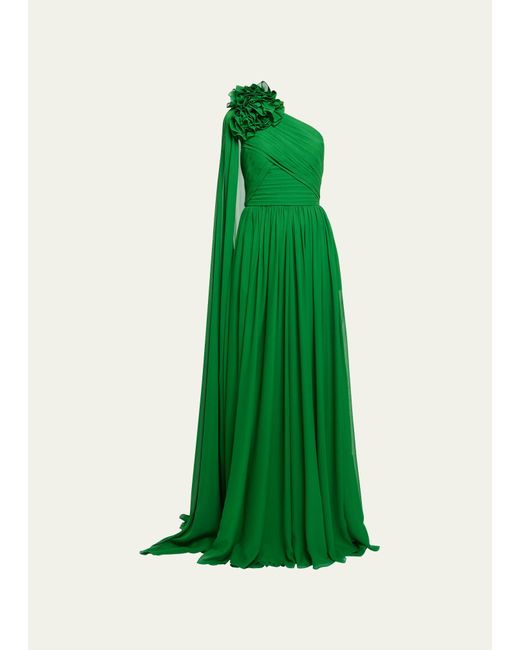 Elie Saab Green One-shoulder Drape Ruffle-neck Georgette Gown