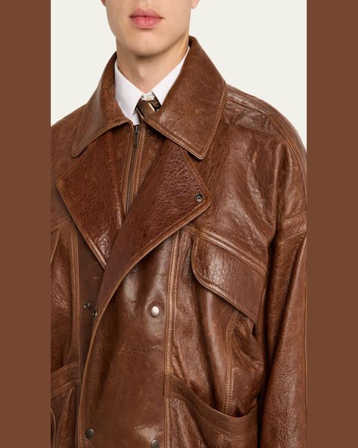 Saint Laurent Brown Antique Leather Double-Snap Bomber Jacket for men