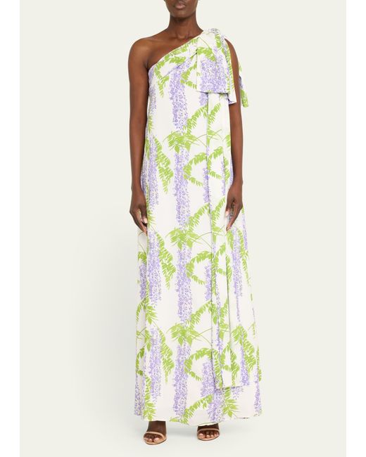 BERNADETTE White Gala One-shoulder Wisteria Printed Maxi Dress With Bow Detail