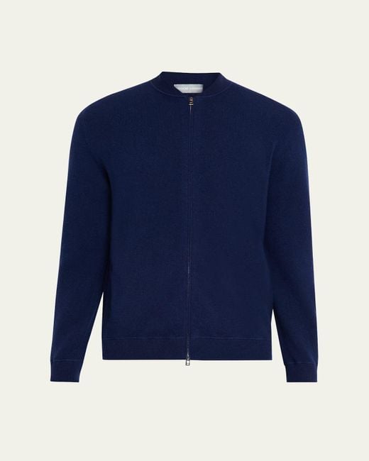 Bergdorf Goodman Blue Wool Full-Zip Baseball-Collar Sweater for men