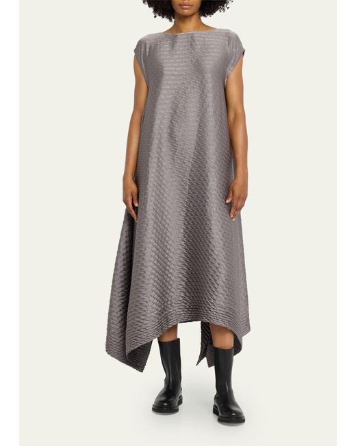 Issey Miyake Gray Gleam Pleats Textured Asymmetric Midi Dress