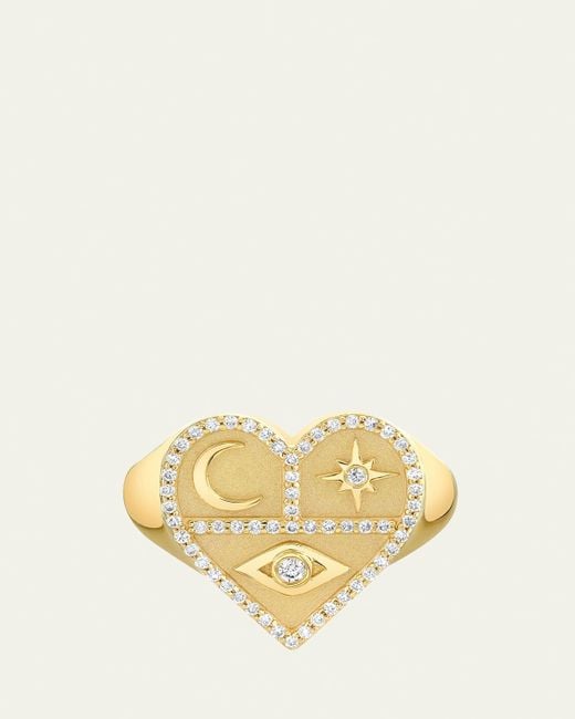 Sydney Evan Natural 14K Heart Icons Signet Ring With Diamonds