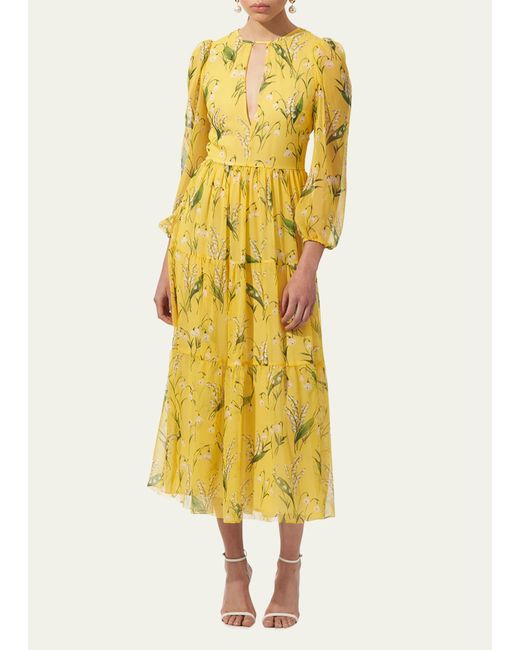 Carolina Herrera Yellow Floral Cutout Tiered Midi Dress