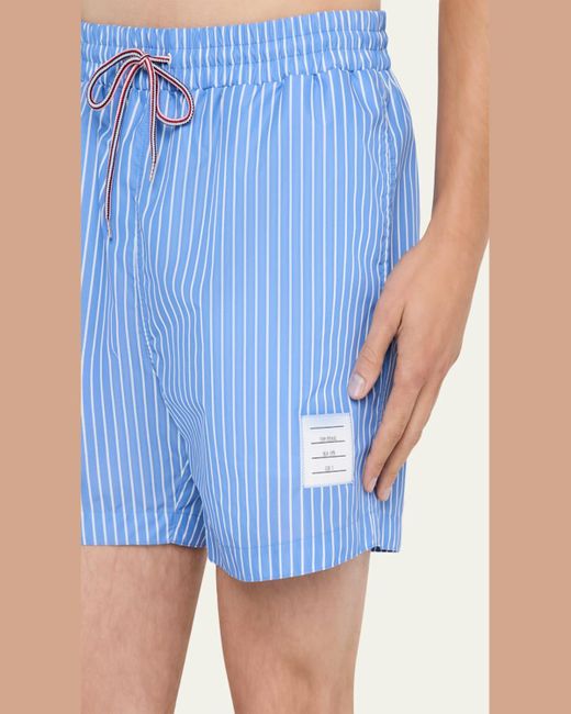 Thom Browne Blue Nylon Pinstripe Swim Trunks for men