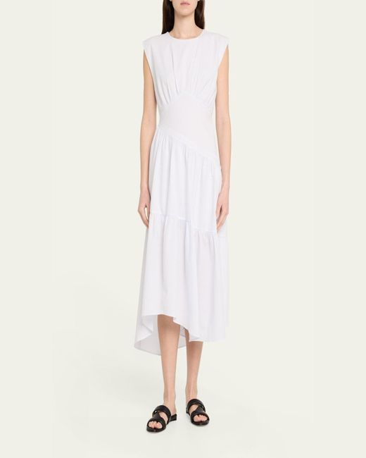 FRAME White The Seersucker Gathered Seam Midi Dress