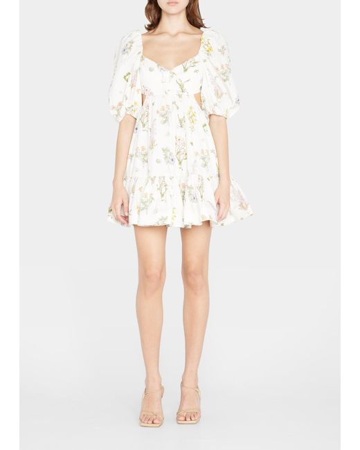 Zimmermann Jeannie Floral Puffedsleeve Open Back Mini Dress in White