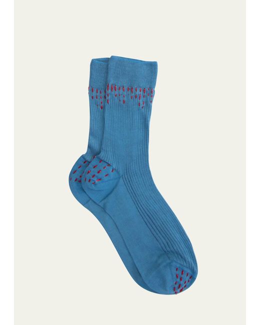 Maria La Rosa Blue Ribbed Embroidered Silk Crew Socks