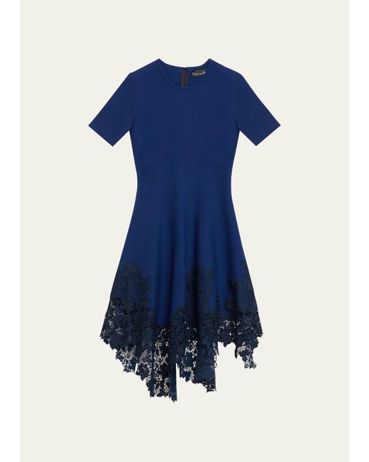 Oscar de la Renta Blue Asymmetric Gardenia Guipure-hem Short-sleeve Knit Dress