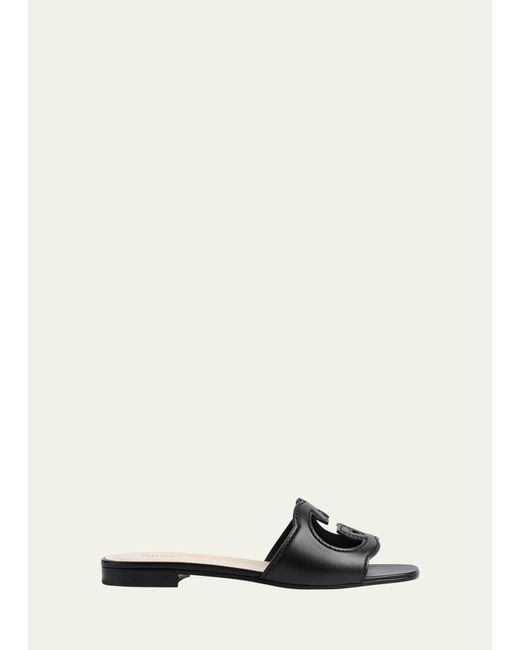 Gucci Black Leather Logo Cutout Flat Sandals