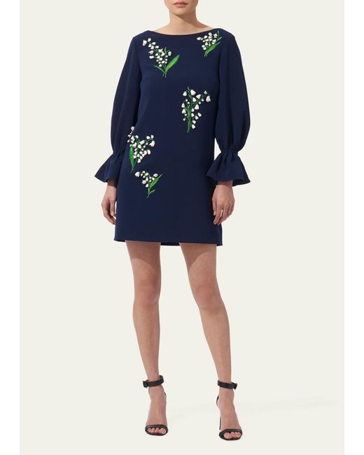 Carolina Herrera Blue Embroidered Shift Dress With Flutter Sleeves