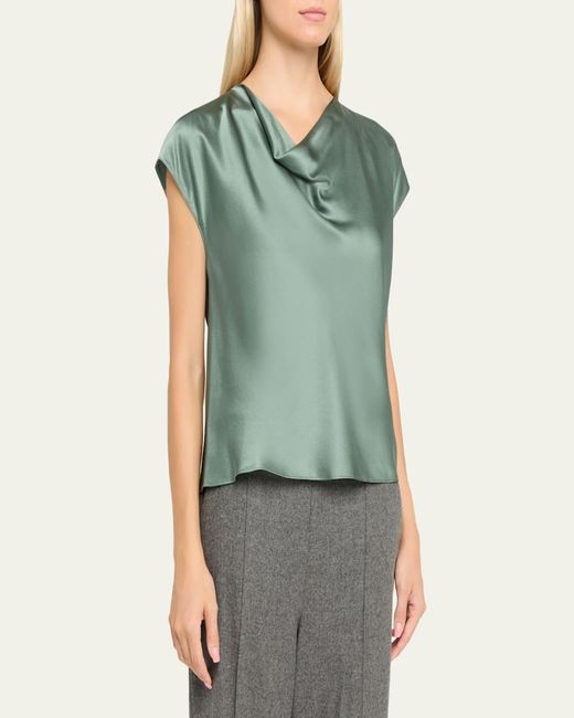 Vince Green Cowl-Neck Cap-Sleeve Satin Blouse