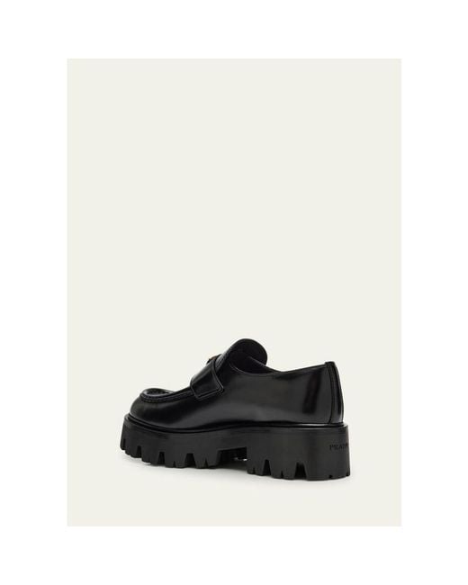 Prada Black Platform Leather Triangle Logo Loafers