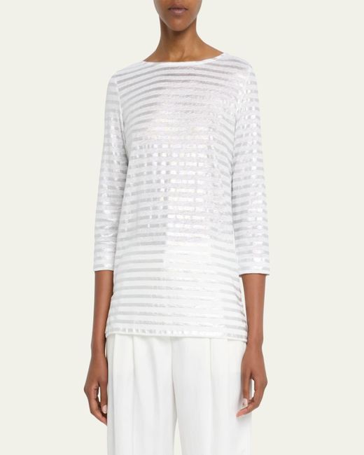 Majestic Filatures White Stretch Linen Metallic Striped Top