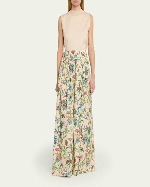 Etro White Pleated Floral Cotton Maxi Circle Skirt