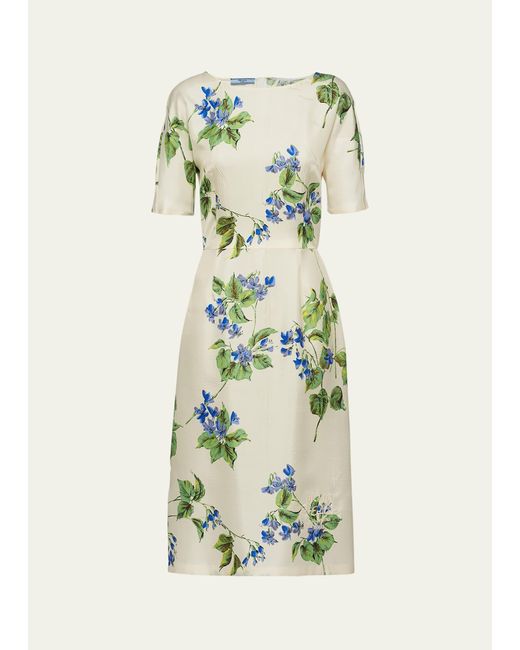 Prada White Viola Floral-print Silk Short-sleeve Midi Dress