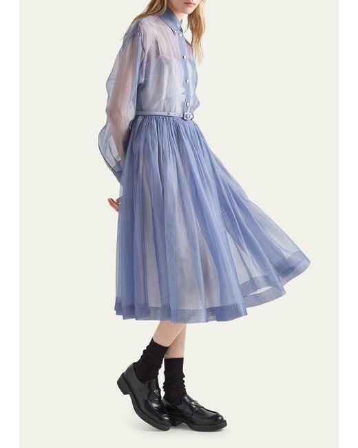 Prada Blue Organza Stripe Belted Midi Dress