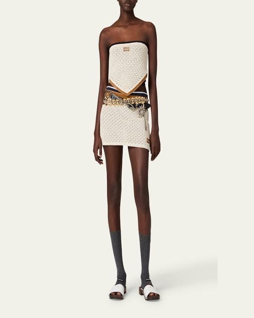 Miu Miu Natural Cotton Crochet Pelle Mini Skirt