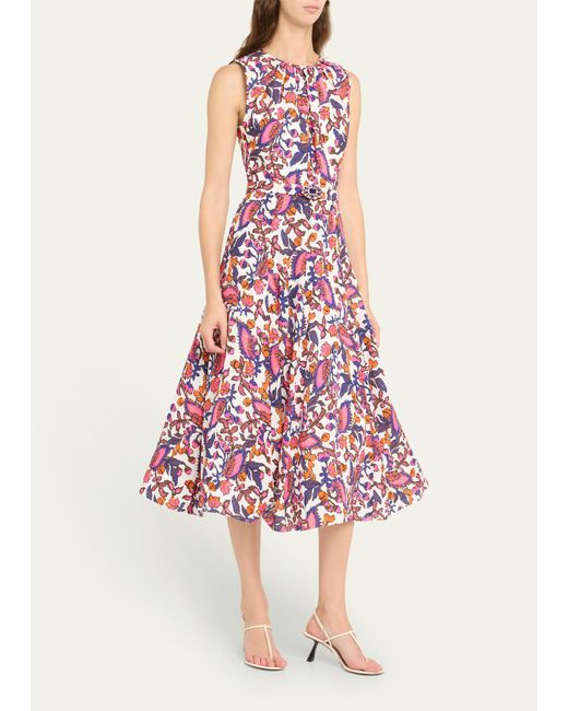 Andrew Gn White Leaf-print Flounce Belted Silk Midi Dress