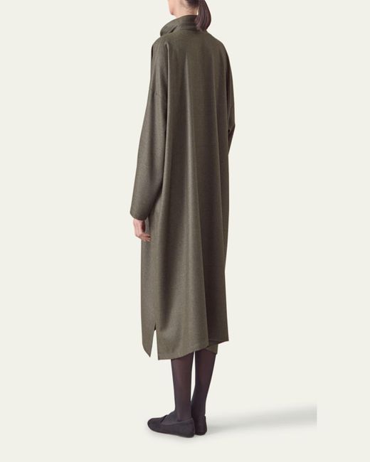 Eskandar Green Wide A-Line Shirtdress With Double-Stand Collar
