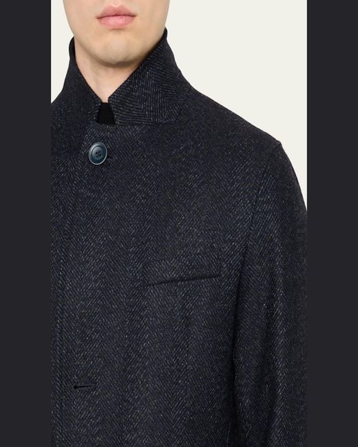 Herno Blue Wool-Blend Herringbone Top Coat for men