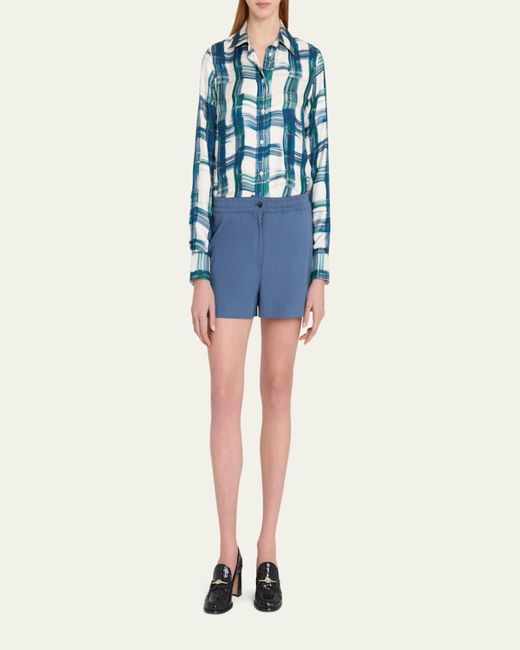 Ferragamo Blue Brushstroke Check Button Down Silk Blouse