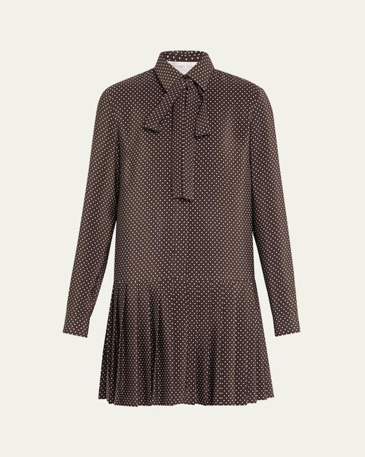 Michael Kors Brown Polka-Dot Silk Pleated Drop-Waist Bow Mini Shirtdress