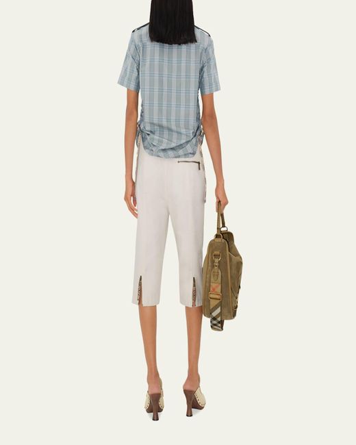 Burberry Blue Check Drawstring Button Down Cotton Shirt