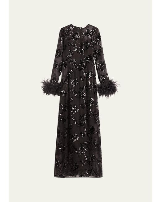 Erdem Sequin Waisted Column Gown With Feather Cuffs in Black | Lyst