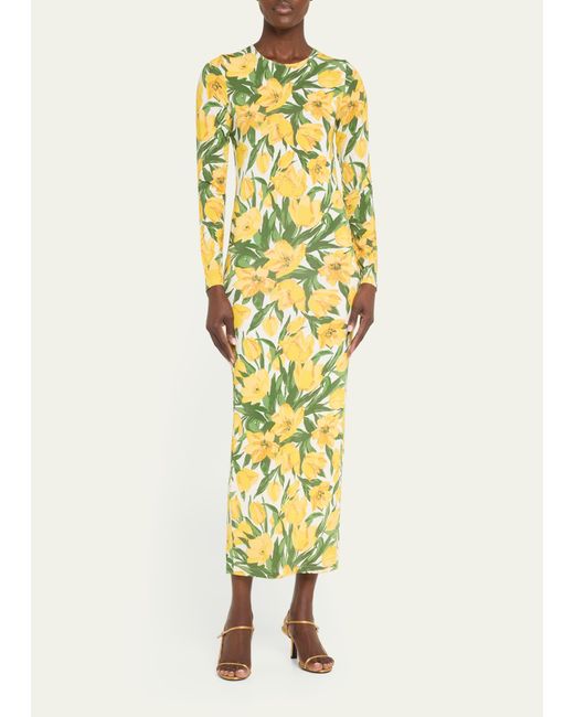 Carolina Herrera Yellow Floral Body-con Long Sleeve Dress