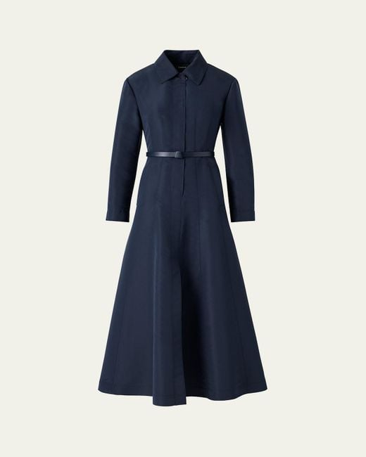 Akris Blue Ottoman Silk Belted A-Line Midi Shirtdress