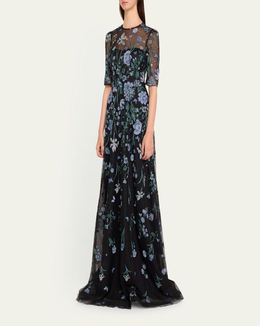 Teri Jon Embroidered A-Line Tulle Gown in Blue