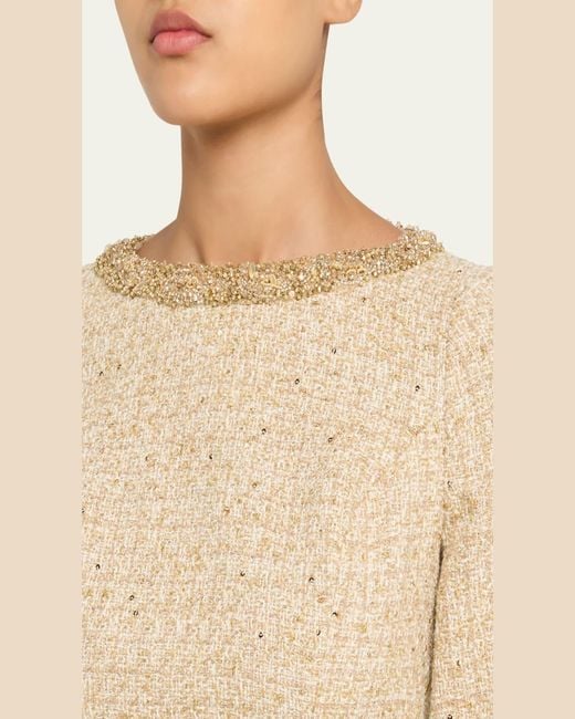 Teri Jon Metallic Boucle Jewel-Trim A-Line Dress in Natural | Lyst