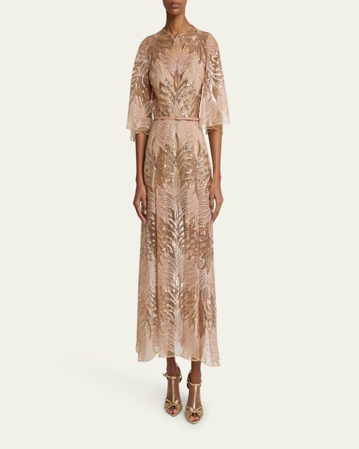 Elie Saab Natural Sequin Embroidered Tulle Midi Dress