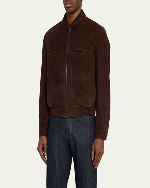 Loro Piana Brown Kane Doeskin Suede Bomber Jacket for men