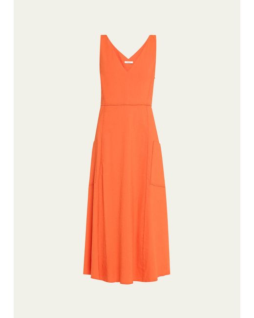 Vince Orange V-neck Pocketed Sleeveless Midi Dress