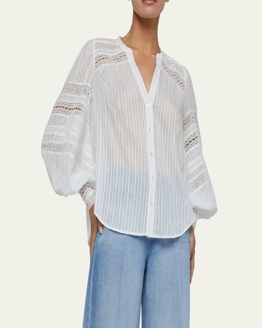 L'Agence White Kiera Semi-Sheer Geometric-Trim Blouse