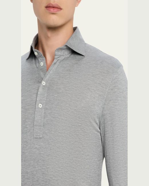Brunello Cucinelli Gray Silk And Cotton Jersey Long-Sleeve Polo Shirt for men