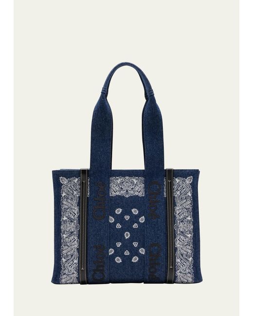 Chloé Blue X High Summer Woody Medium Tote Bag In Bandana Embroidered Denim