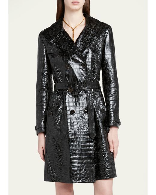 Tom Ford Black Croco Embossed Belted Leather Trench Coat
